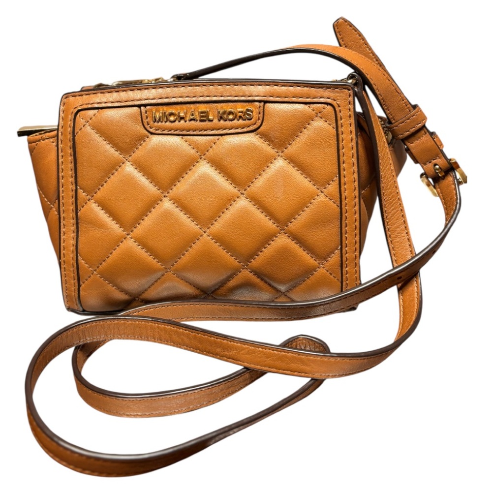 Michael Kors Tan Leather Crossbody Bag with Quilted Design